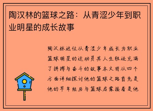 陶汉林的篮球之路：从青涩少年到职业明星的成长故事